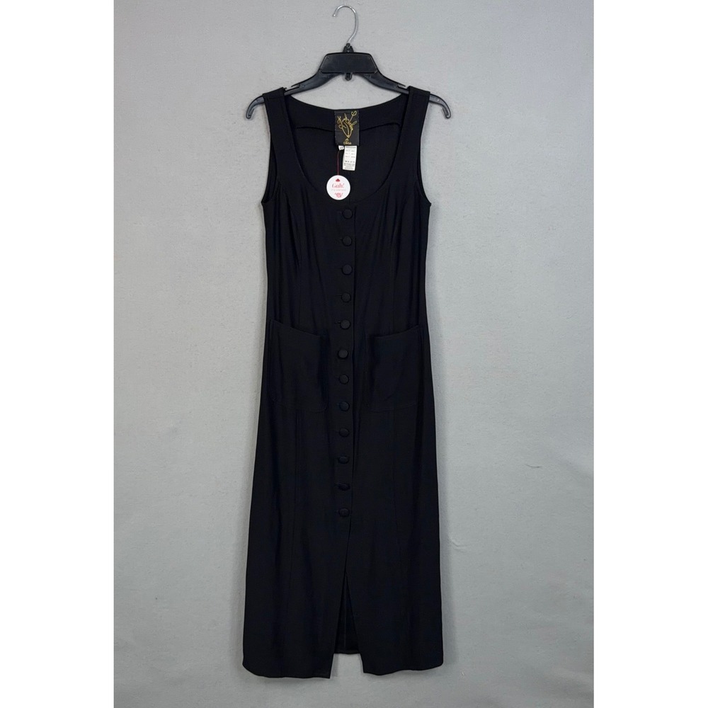 Franck Sorbier Dress Womens 40 Black Silk Button Front Sleeveless Midi Vintage